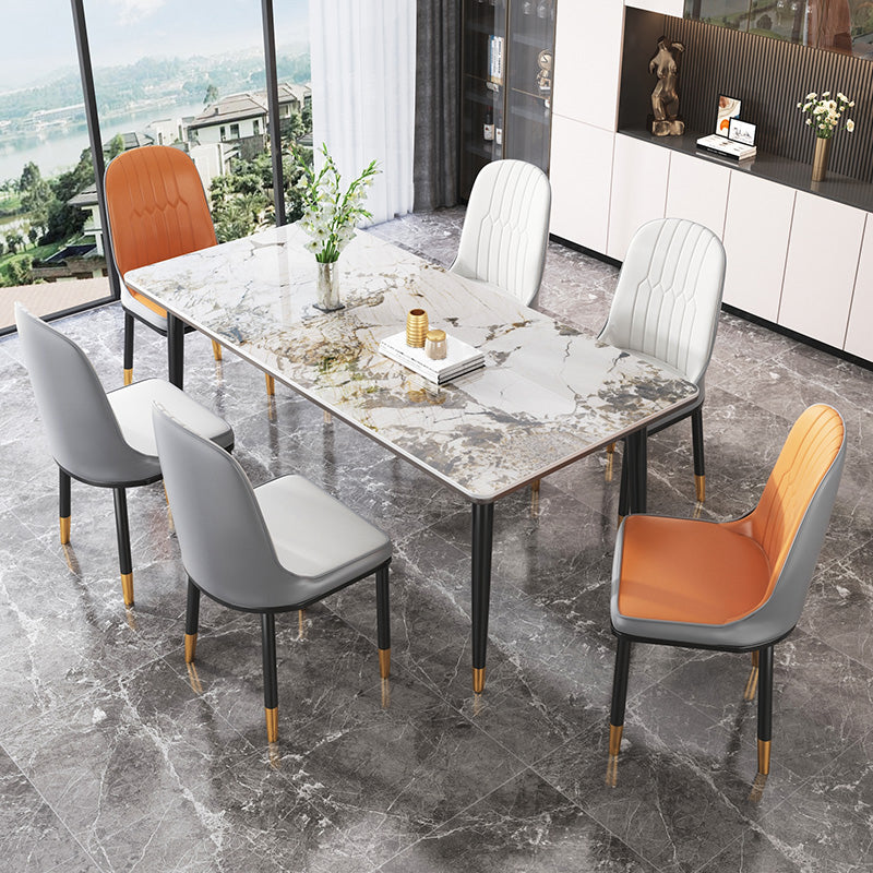Modern Rectangle Dining Set 1/4/5/7 Pieces Stone Top Legs Indoor Dinette Set 7 Pieces: Table, 4 White+2 Orange Chairs Clearhalo 'Dining Room Sets' 'Dining Tables & Seating' 'dining_room_set' 'furn' 'furn_dining_room_set' 'Furniture' 'Kitchen & Dining Furniture' 5571710