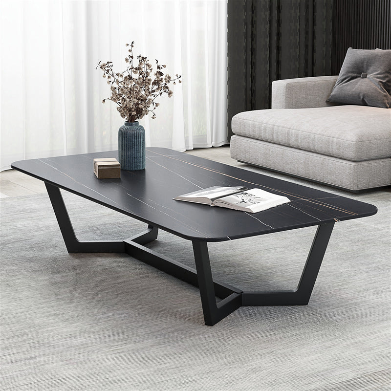 Modern Style Slate Table with Rectangular Black Metal Trestle Type Base Coffee Table