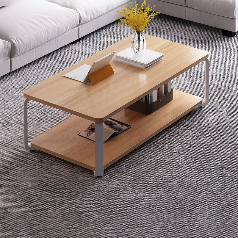 Modern Style Wooden Rectangular Table with Abstract Base for Storage Rack Coffee Table