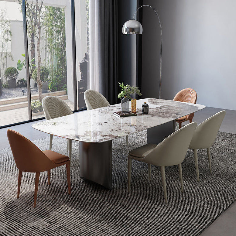 Modern Dining Set Stone 1/4/5/7 Pieces Dining Table with Leather Chairs for Indoor 7 Pieces: Table, 2 Orange+4 Beige Chairs Clearhalo 'Dining Room Sets' 'Dining Tables & Seating' 'dining_room_set' 'furn' 'furn_dining_room_set' 'Furniture' 'Kitchen & Dining Furniture' 5589027