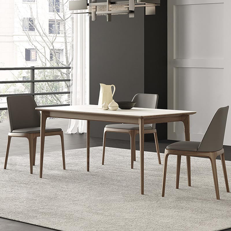 Stone Dining Table Rectangle Mid-Century Modern Table with 4 Wood Legs