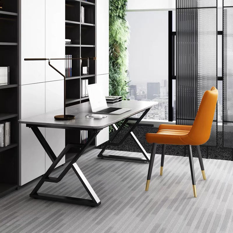 30" H Modern Rectangular Writing Desk Simple Desk with Black Metal Legs 70.9"L x 35.4"W x 29.5"H Grey Clearhalo 'furn' 'furn_office_desk' 'Furniture' 'Office Desks' 'Office Furniture' 'office_desk' 5591233