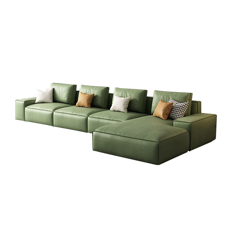 Square Arm 3/4-Seater Sofa & Chaise Green Faux Leather Sectional
