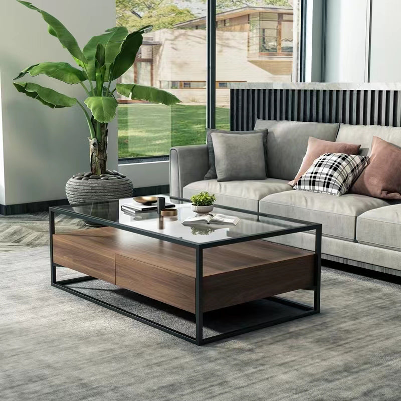 17.7" H Modern Rectangle Glass Coffee Table Metal Frame Cocktail Table with Storage Walnut+Black Clearhalo 'Coffee & Accent Tables' 'Coffee Tables' 'coffee_tables' 'furn' 'furn_coffee_tables' 'Furniture' 'Living Room Furniture' 5602297