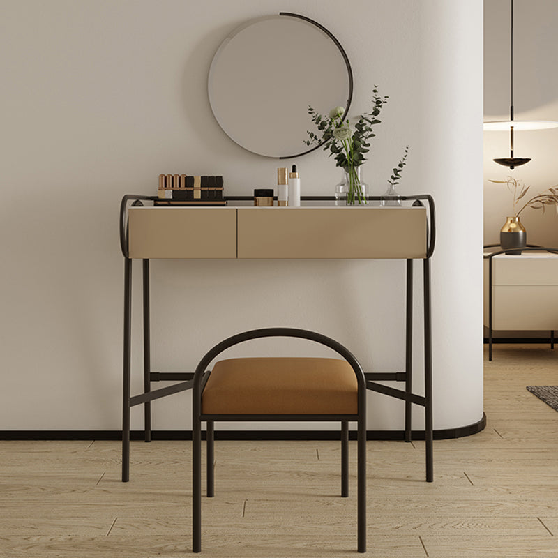 Stone Top Mirrored Make-up Vanity Metal Dressing Table Set with Stool Makeup Vanity & Mirror & Stools 33.5"L x 19.7"W x 31.5"H Clearhalo 'Bedroom Furniture' 'furn' 'furn_makeup_vanities' 'Furniture' 'Makeup Vanities' 'makeup_vanities' 5604476