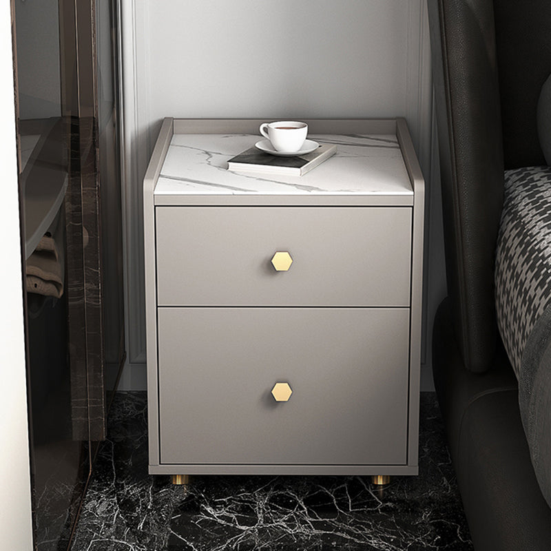 Glam Stone Top Bed Nightstand 2-Drawer Imitation Wood Legs Included Night Table 16"L x 16"W x 19"H Champagne Clearhalo 'Bedroom Furniture' 'furn' 'furn_night_stand' 'Furniture' 'night_stand' 'Nightstands' 5609481