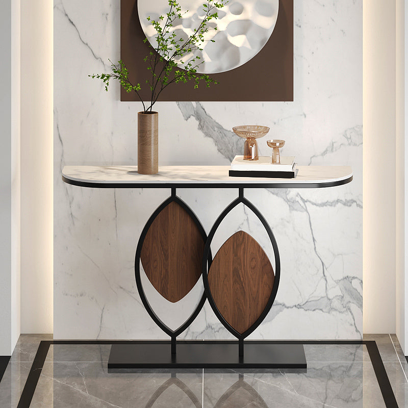 Mesa de consola base de metal con media luna de piedra para el salón 11.81 "