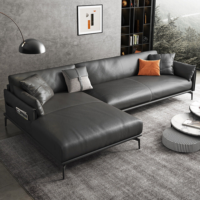 Scandinavian Dark Gray Stain-Resistant Storage Grain Leather Sofa & Chaise 102"L x 67"W x 33.5"H Left Clearhalo 'furn' 'furn_sectionals' 'Furniture' 'Living Room Furniture' 'Sectionals' 5611886