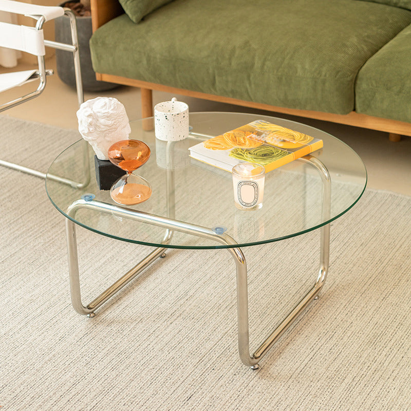 Modern Round Glass Coffee Table Stainsteel Sled Cocktail Table White Clearhalo 'Coffee & Accent Tables' 'Coffee Tables' 'coffee_tables' 'furn' 'furn_coffee_tables' 'Furniture' 'Living Room Furniture' 5612045