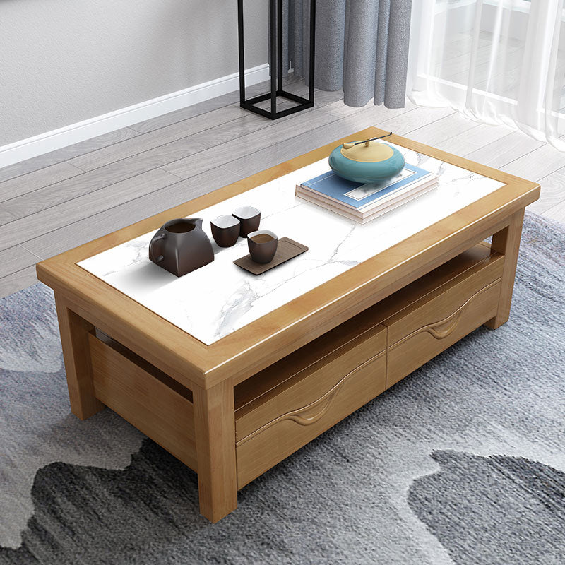 Modern Style Rectangular Solid Wood Table 4 Legs Base with Drawer Coffee Table