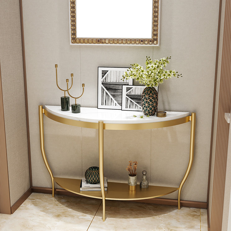 Tavolo con console a mezza luna in marmo con scaffale di stoccaggio e 3 gambe di ferro