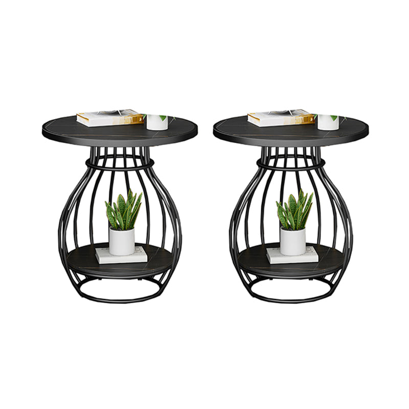 棚付きのモダンラウンドスレートトップサイドテーブルスチールフレームエンドテーブル