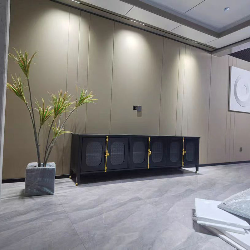 Console per media televisivi neri in metallo industriale e console di supporto TV in vetro