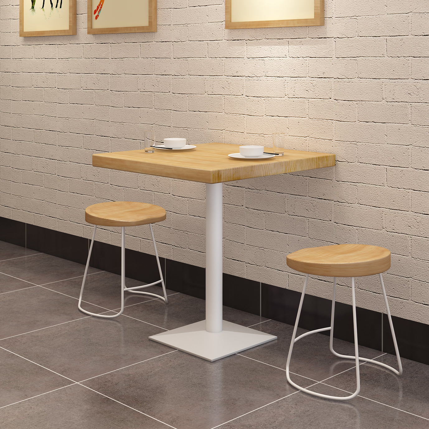 金属工業用四角いダイニングテーブルパインウッドトップテーブル付き台座