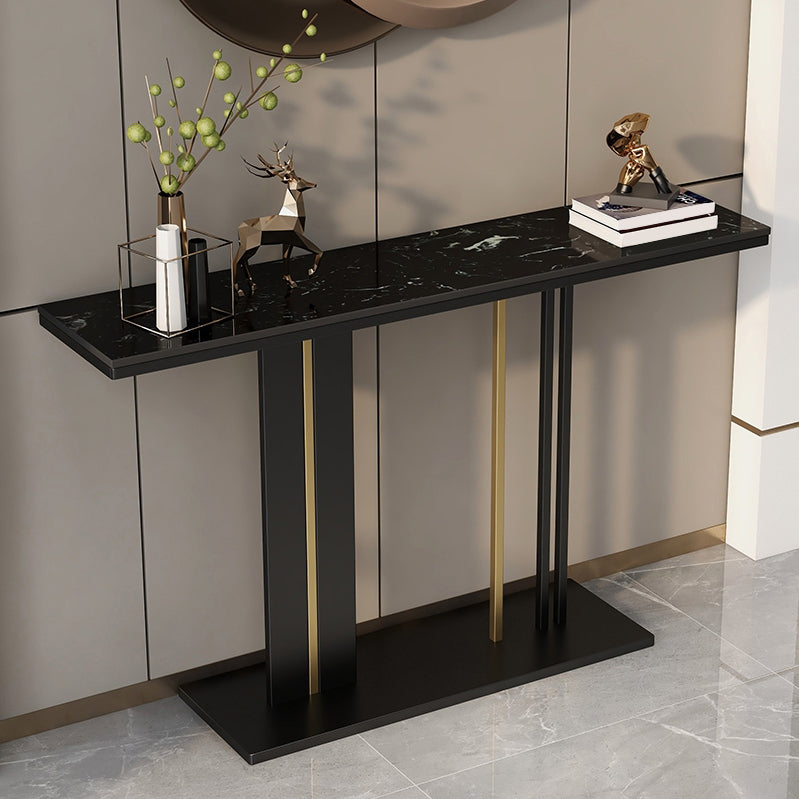 Mesa de consola superior de mármol moderna con tapa rectangular y base de pedestal