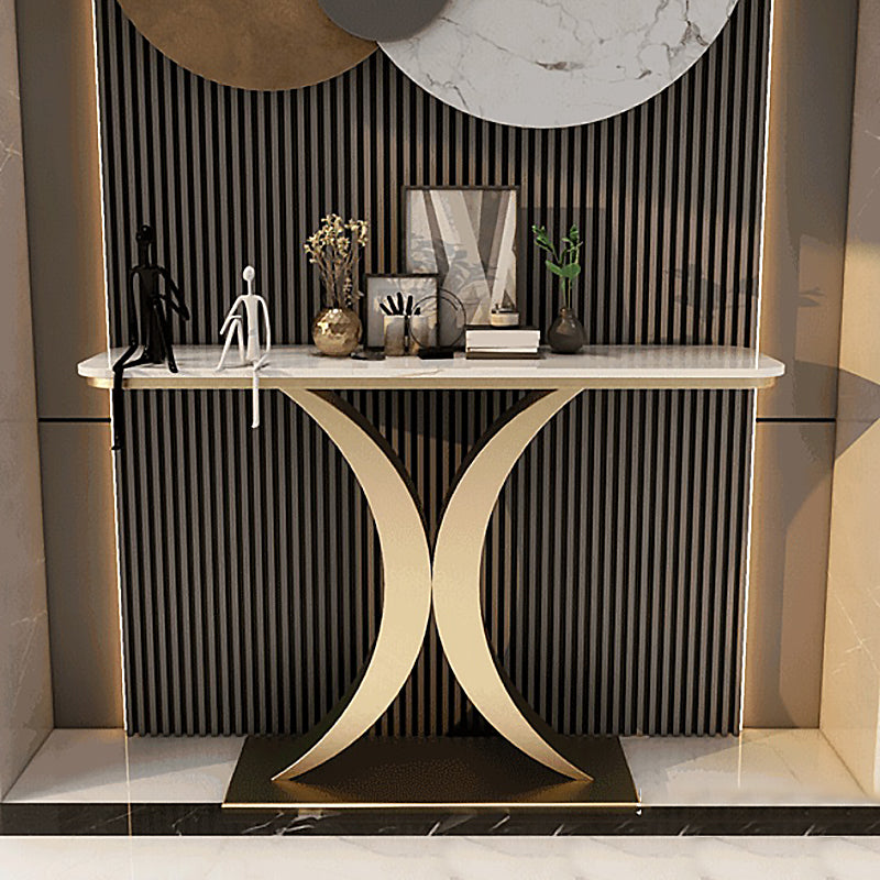 Glam Slate Iron Sofa Tbale Rectangle Stain Resistant Pedestal Console Table 59"L x 12"W x 31"H Gold White Clearhalo 'Console Tables' 'console_tables' 'Entry & Mudroom Furniture' 'furn' 'furn_console_tables' 'Furniture' 5637894