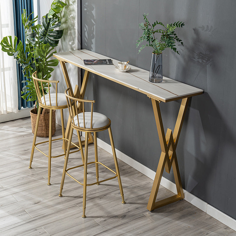 Stone Bar Table Glam Rectangle Bar Dining Table with Double Pedestal for Living Room 78.7"L x 15.7"W x 41.3"H White Without Chairs Clearhalo 'Bar Furniture' 'Bar Tables' 'bar_tables' 'furn' 'furn_bar_tables' 'Furniture' 'Kitchen & Dining Furniture' 5638032