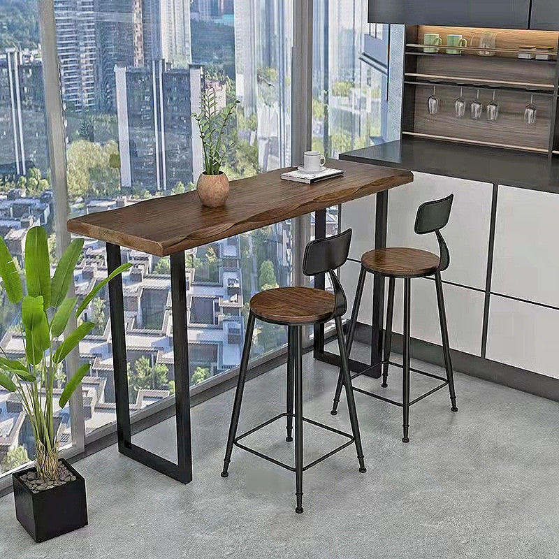 Wood Bar Table Modern Rectangle Bar Dining Table with Double Pedestal for Living Room