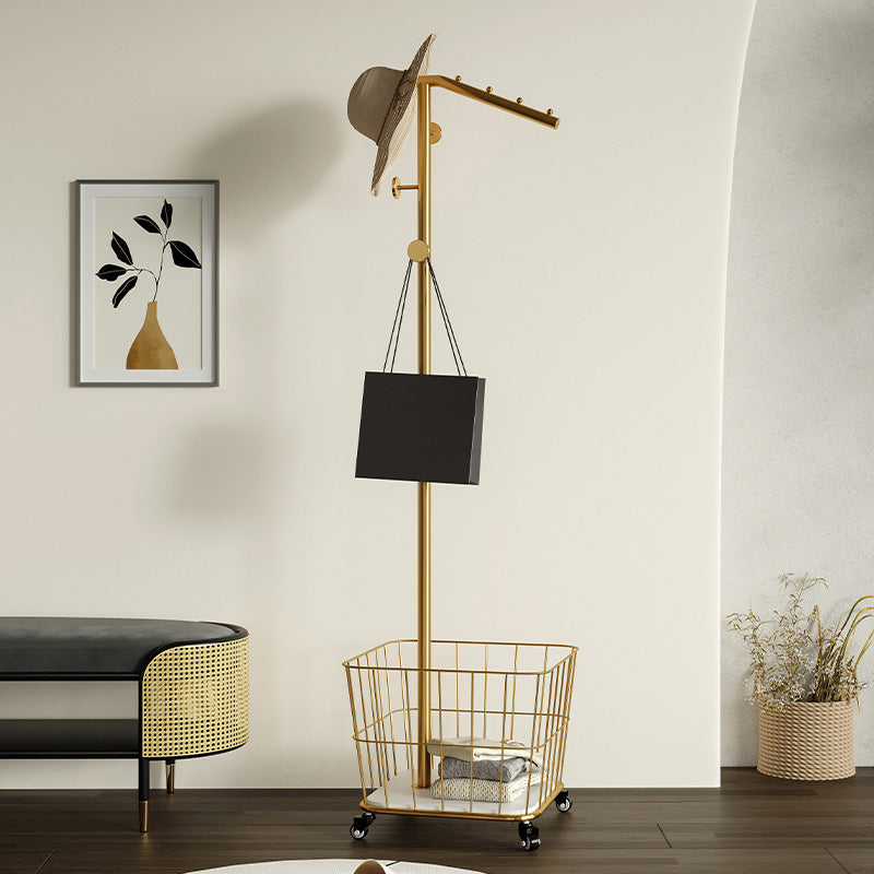 Modern Coat Rack Hooks Storage Basket Metal Coat Rack Castors Coat Hanger Gold Clearhalo 'Entry & Mudroom Furniture' 'furn' 'furn_hall_tree_coat_racks' 'Furniture' 'Hall Trees & Coat Racks' 'hall_tree_coat_racks' 5639455