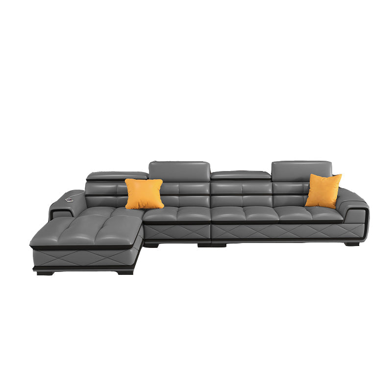 Contemporary Cloud Gray Square Arm Stationary Genuine Leather Sofa