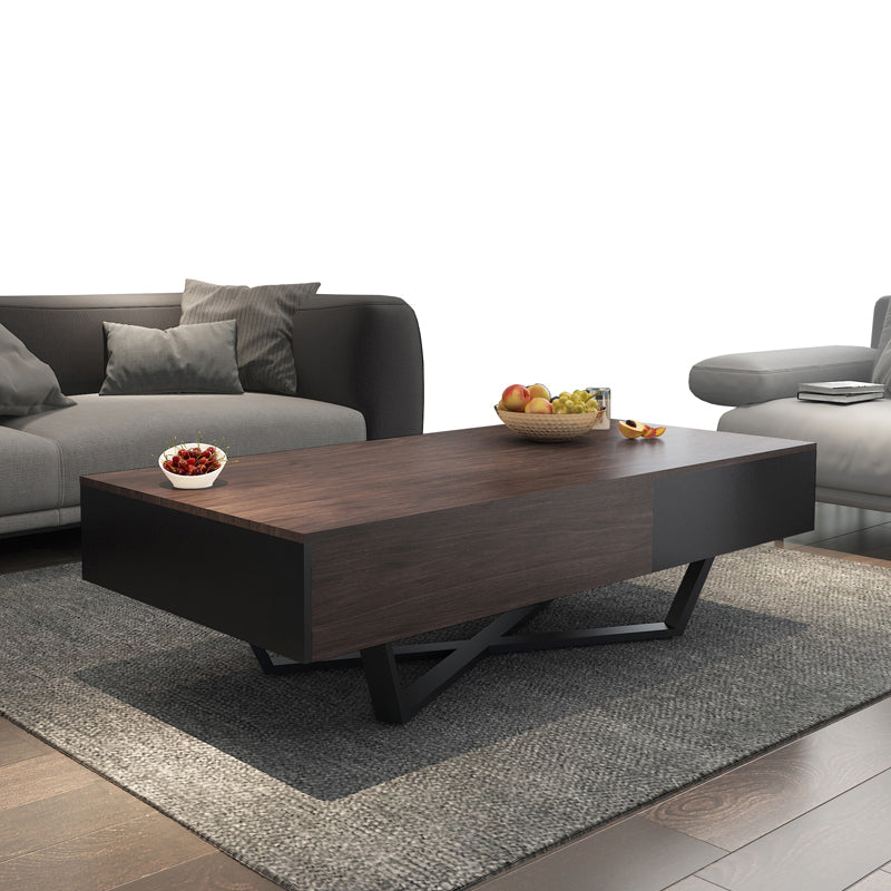 15.7" H Modern Rectangle Wooden Coffee Table Metal Cross Legs Cocktail Table