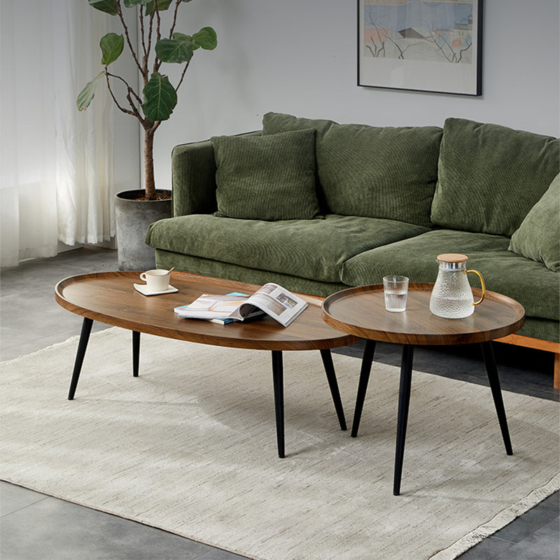 Round/oval Black Metal 3/4 Leg Base Design Wood Table Panel Coffee Table 47"L x 23.5"W x 19"H + 23.5"L x 23.5"W x 19"H Walnut Clearhalo 'Coffee & Accent Tables' 'Coffee Tables' 'coffee_tables' 'furn' 'furn_coffee_tables' 'Furniture' 'Living Room Furniture' 5711125