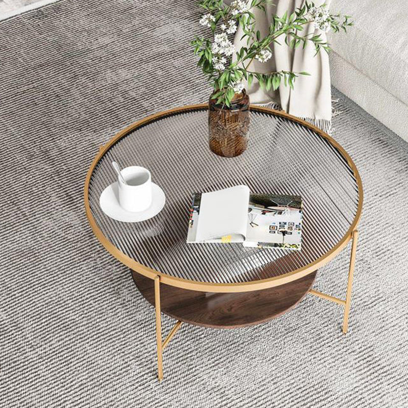 Modern Style Round Toughened Glass Table Metal 4 Legs Base Coffee Table 31.5"L x 31.5"W x 17.7"H Walnut+Gold Clearhalo 'Coffee & Accent Tables' 'Coffee Tables' 'coffee_tables' 'furn' 'furn_coffee_tables' 'Furniture' 'Living Room Furniture' 5711157