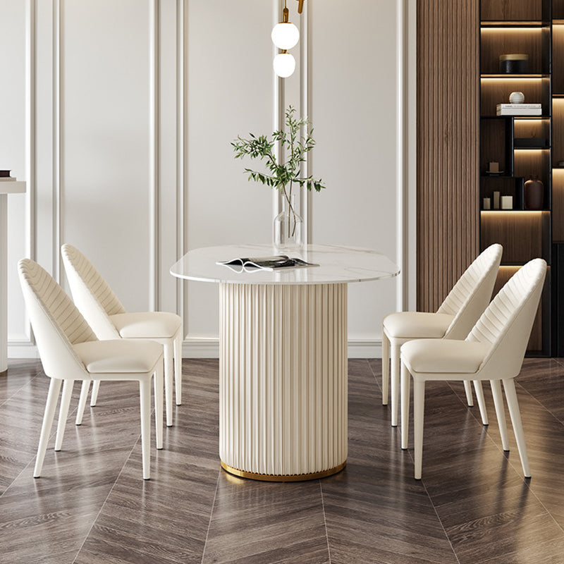 Eigentijdse ovale tafel gesinterde stenen top dubbele voetstuk eettafel