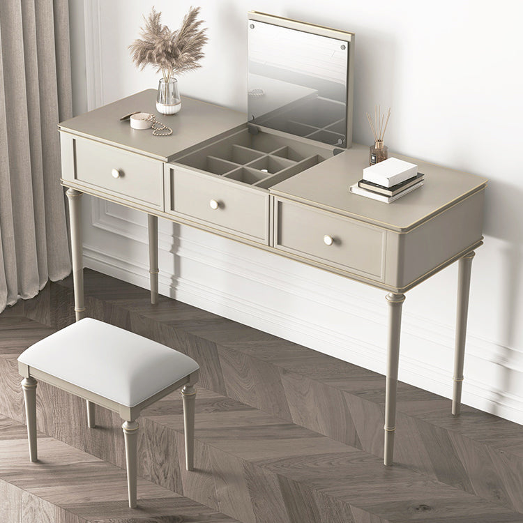 Make-up Vanity Mirrored Wood Dressing Table Padded Stool Set Makeup Vanity & Stools 35"L x 18"W x 30"H Taupe Clearhalo 'Bedroom Furniture' 'furn' 'furn_makeup_vanities' 'Furniture' 'Makeup Vanities' 'makeup_vanities' 5717453
