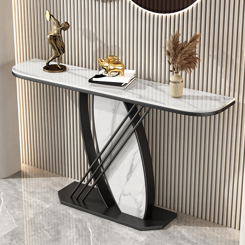 Stone Half Moon Accent Table with Iron Pedestal Base for Hall