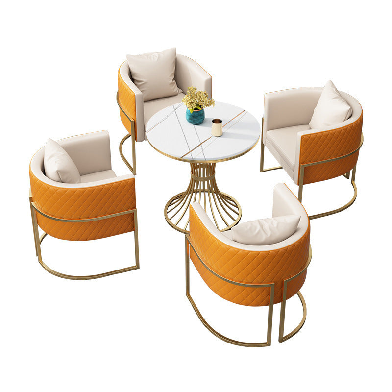 Glam Gold Steel Dining Set 1/5 Pieces Indoor Dining Furniture 5 Pieces: White Table, 4 Orange Chairs Clearhalo 'Dining Room Sets' 'Dining Tables & Seating' 'dining_room_set' 'furn' 'furn_dining_room_set' 'Furniture' 'Kitchen & Dining Furniture' 5725169
