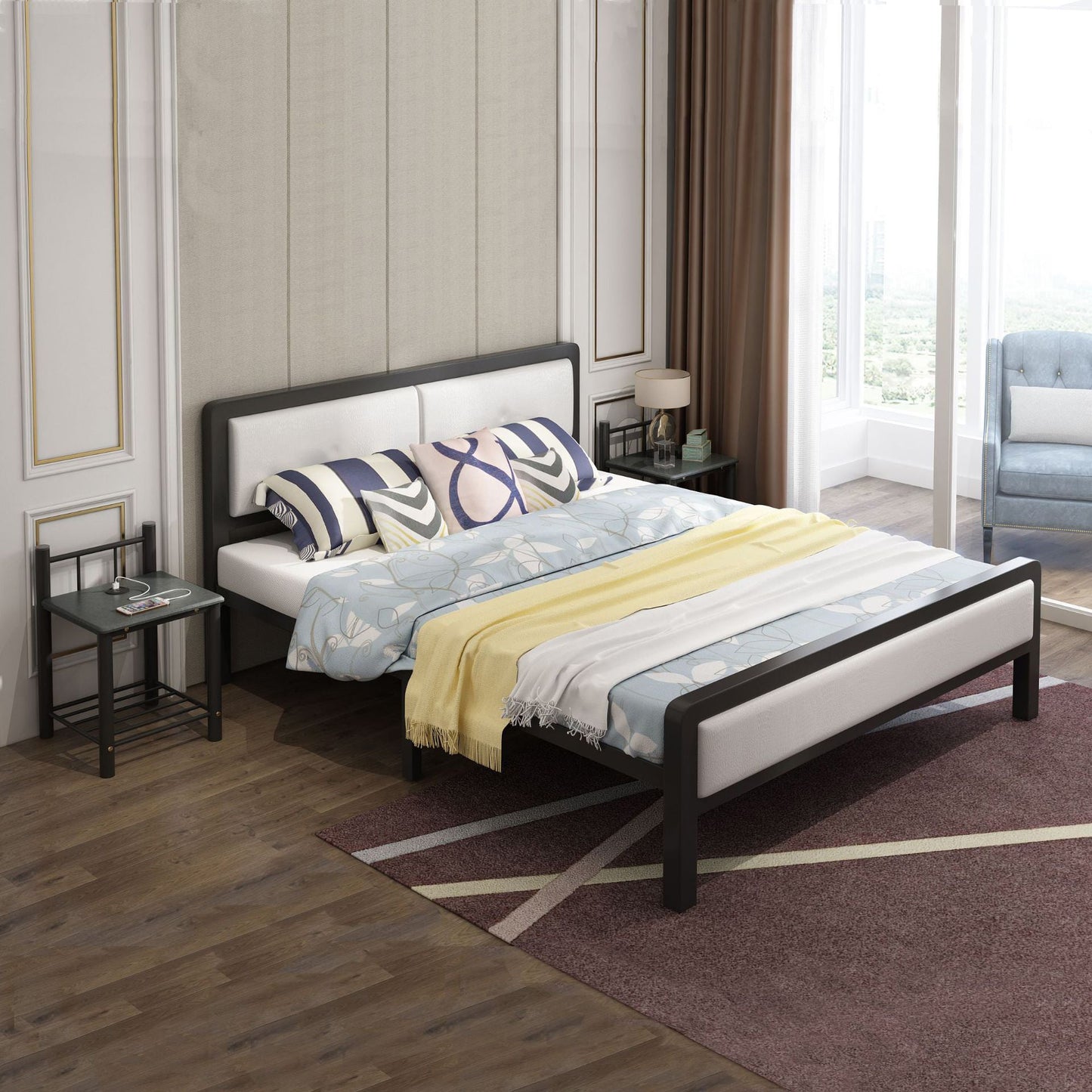Contemporary Low Profile Panel Bed Upholstered Standard Bed in Black