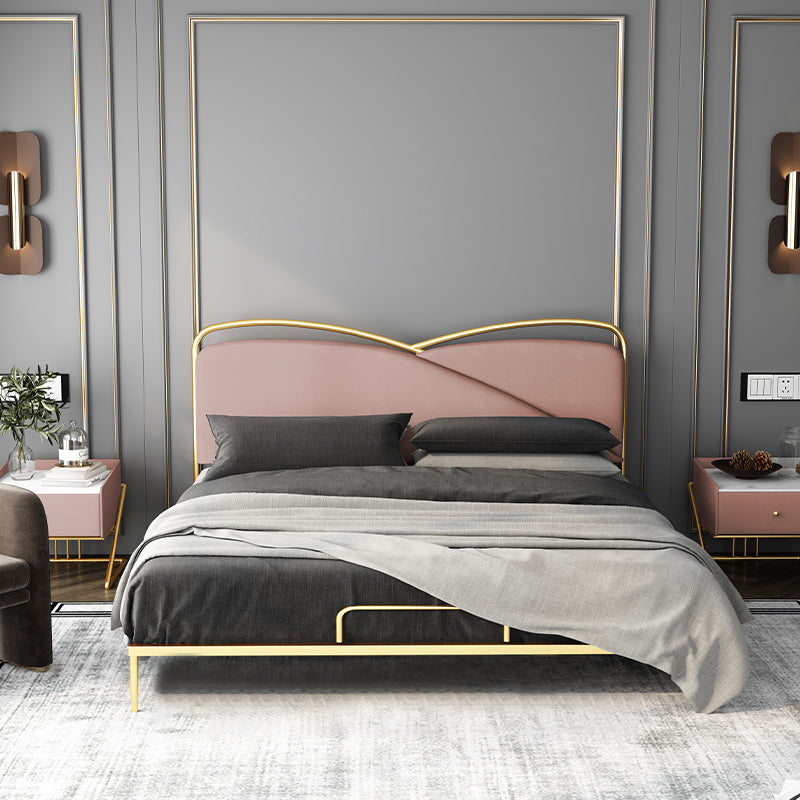 Luxurious Standard Bed in Gold Upholstered Low Profile Metal Bed