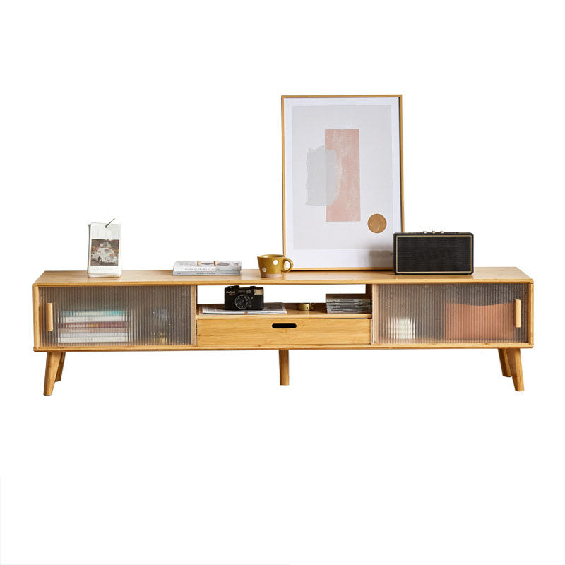 Stand de télévision à 2 portes naturelles Console télévisée en bois scandinave avec étagère
