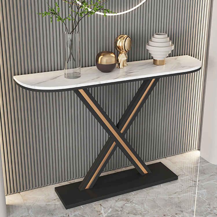 Half Moon Stone Top Accent Table with Black Iron Pedestal Base 59"L x 12"W x 31"H White Clearhalo 'Console Tables' 'console_tables' 'Entry & Mudroom Furniture' 'furn' 'furn_console_tables' 'Furniture' 5732797