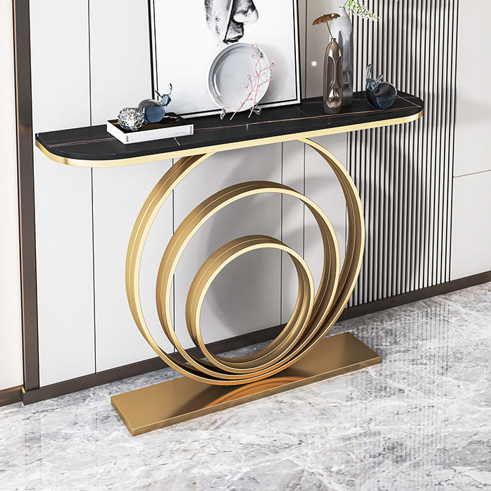 Stone Console Table 31.49" High Metal Frame Half Moon Accent Table Gold Black Clearhalo 'Console Tables' 'console_tables' 'Entry & Mudroom Furniture' 'furn' 'furn_console_tables' 'Furniture' 5732893