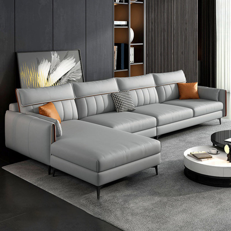 Modern Faux Leather Sectional with 4 Pillows Back for 4 People