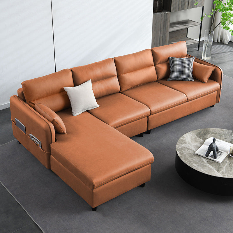 Faux Leather Sectional with 4 Pillows Back and Storage Arms for Living Room