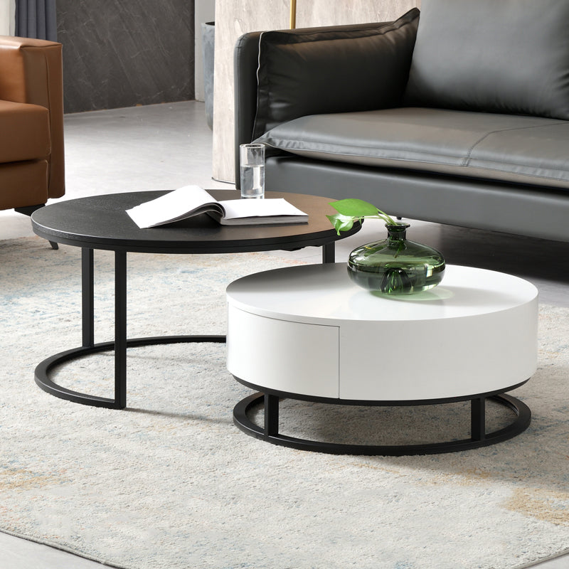 Nordic Style Round Frame/drum Base Solid Wood Table with Drawer Coffee Table 31.5"L x 31.5"W x 16"H Black-White Frame Clearhalo 'Coffee & Accent Tables' 'Coffee Tables' 'coffee_tables' 'furn' 'furn_coffee_tables' 'Furniture' 'Living Room Furniture' 5749446