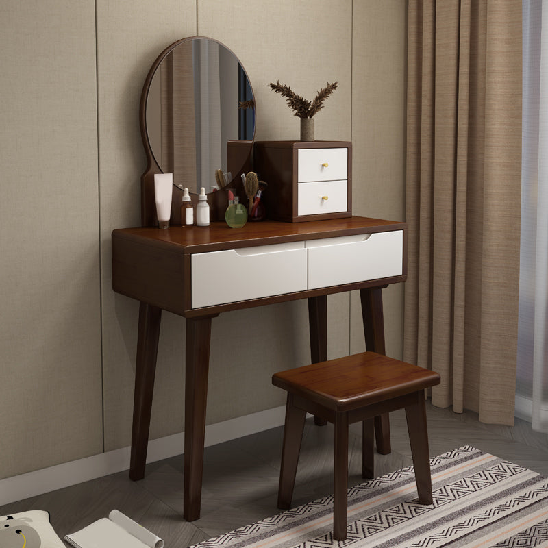 4 Drawer & Mirror Makeup Vanity Desk Rubber Wood Dressing Table Makeup Vanity & Mirror & Stools Walnut White Clearhalo 'Bedroom Furniture' 'furn' 'furn_makeup_vanities' 'Furniture' 'Makeup Vanities' 'makeup_vanities' 5754459