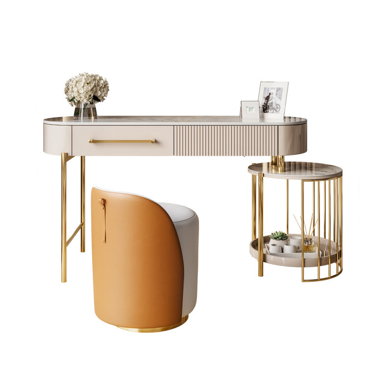 Luxuriöser Metallwaschtisch mit gepolstertem Hocker in Beige Eitelkeit