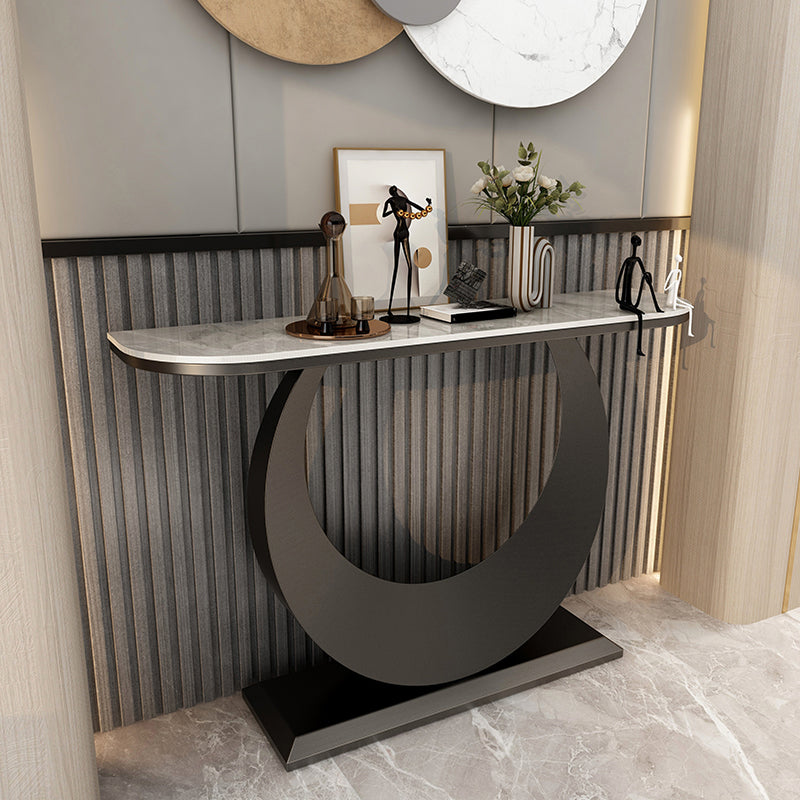 Tavolo da console a base di piedistallo in acciaio con top in pietra di mezza luna per sala