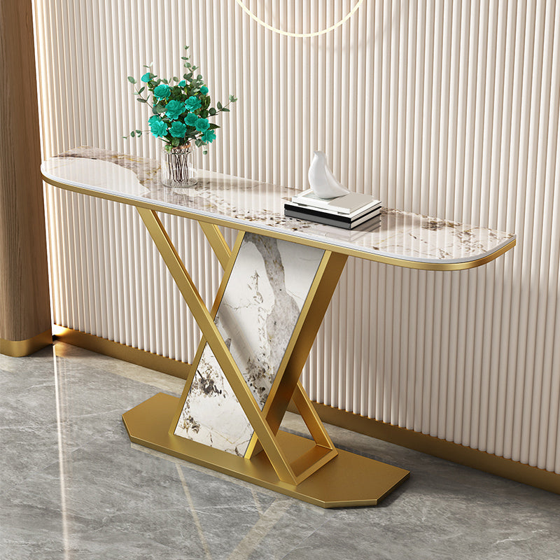 Glam Style Half Moon Console Table with Pedestal Base for Hall Accent Table 59"L x 12"W x 31"H Gold Brown Clearhalo 'Console Tables' 'console_tables' 'Entry & Mudroom Furniture' 'furn' 'furn_console_tables' 'Furniture' 5756183