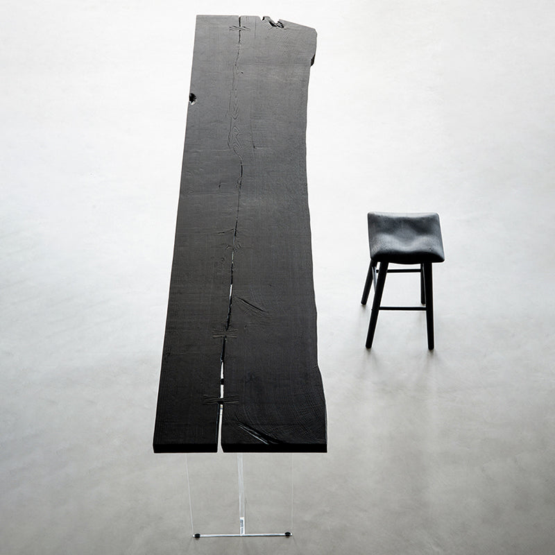 Zwarte as houttafel tafel met acrylbasis moderne pubtafel met dubbele voetstuk