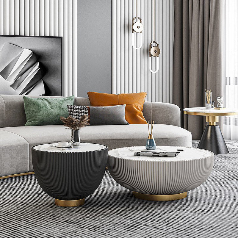 Slate Round Coffee Table Pedestal Minimalist Coffee Table for Living Room 27.6"L x 27.6"W x 13.8"H + 17.7"L x 17.7"W x 18.5"H White-Black Clearhalo 'Coffee & Accent Tables' 'Coffee Tables' 'coffee_tables' 'furn' 'furn_coffee_tables' 'Furniture' 'Living Room Furniture' 5765168