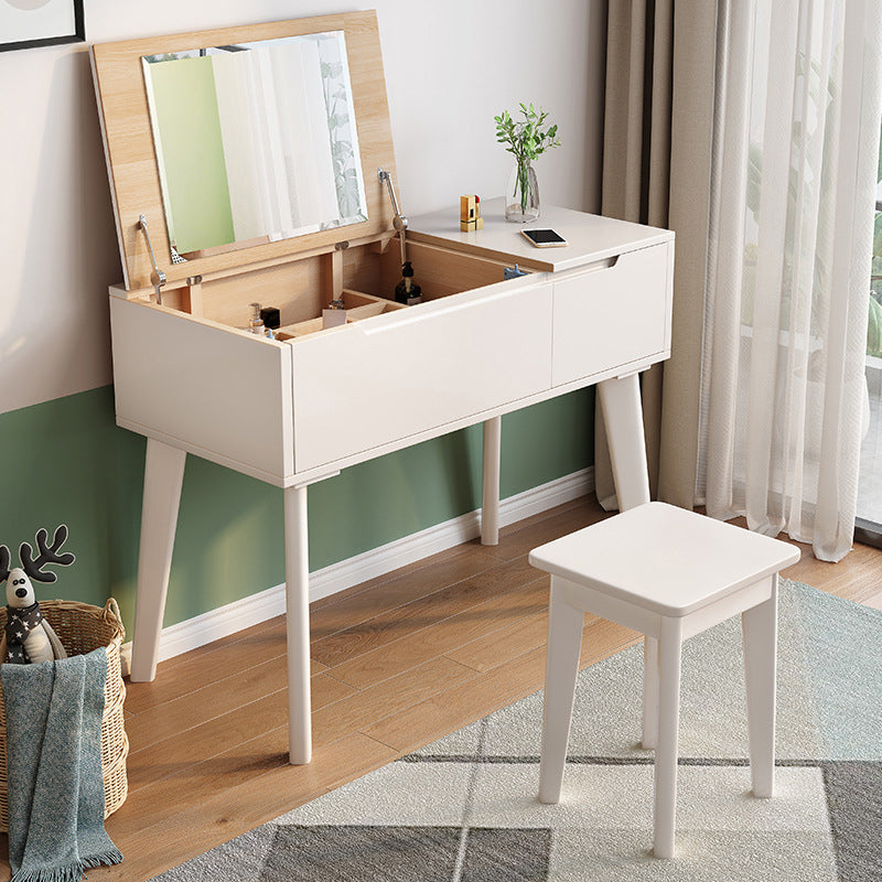 Tavolo da toeletta scandinavo a specchio in legno massiccio e sgabello