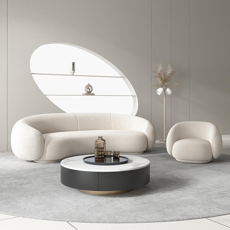 Contemporary Sloped Arm Sofa 25.6" H Curved Back Wool Sofa in Creamy