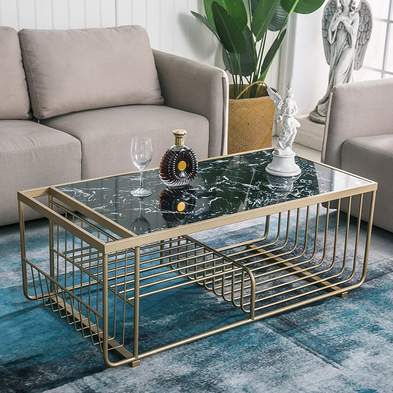 Rectangle Cocktail Table with 3 Iron Shelves and Marble Top Coffee Table Black Clearhalo 'Coffee & Accent Tables' 'Coffee Tables' 'coffee_tables' 'furn' 'furn_coffee_tables' 'Furniture' 'Living Room Furniture' 5823228