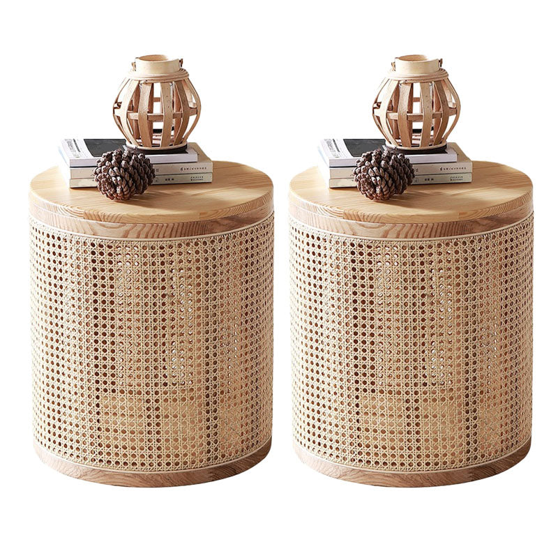 17.7" Tall Solid Wood Round Top Side Table Drum Base End Table with Storage