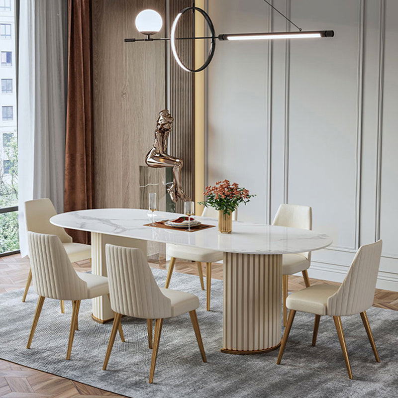 Oval Shape Luxury Dining Table White Tone Fixed Table with Sintered Stone